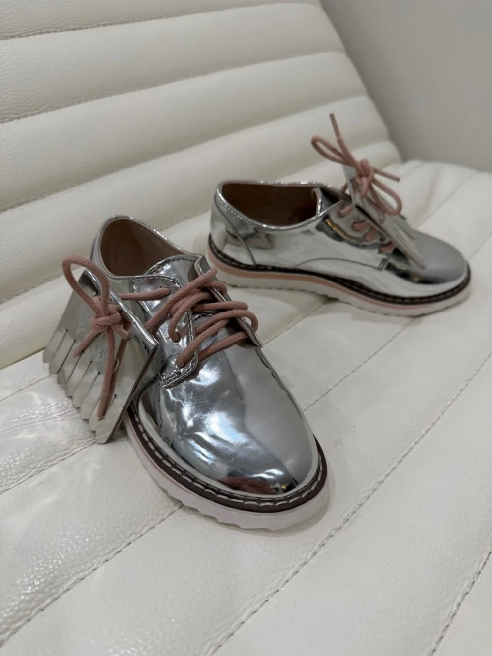 Zara Metallic Silver Girls' Fringe Lace-Up Moccasins with Pink Laces